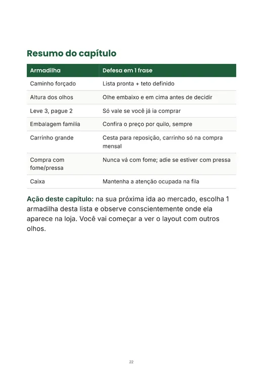 Página resumo com as 7 armadilhas do supermercado e a defesa para cada uma